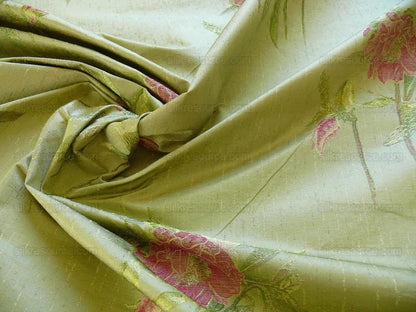 by yard Heavy Silk Lampas Peony Buds In Golden Drizzle Pink "chartreuse"