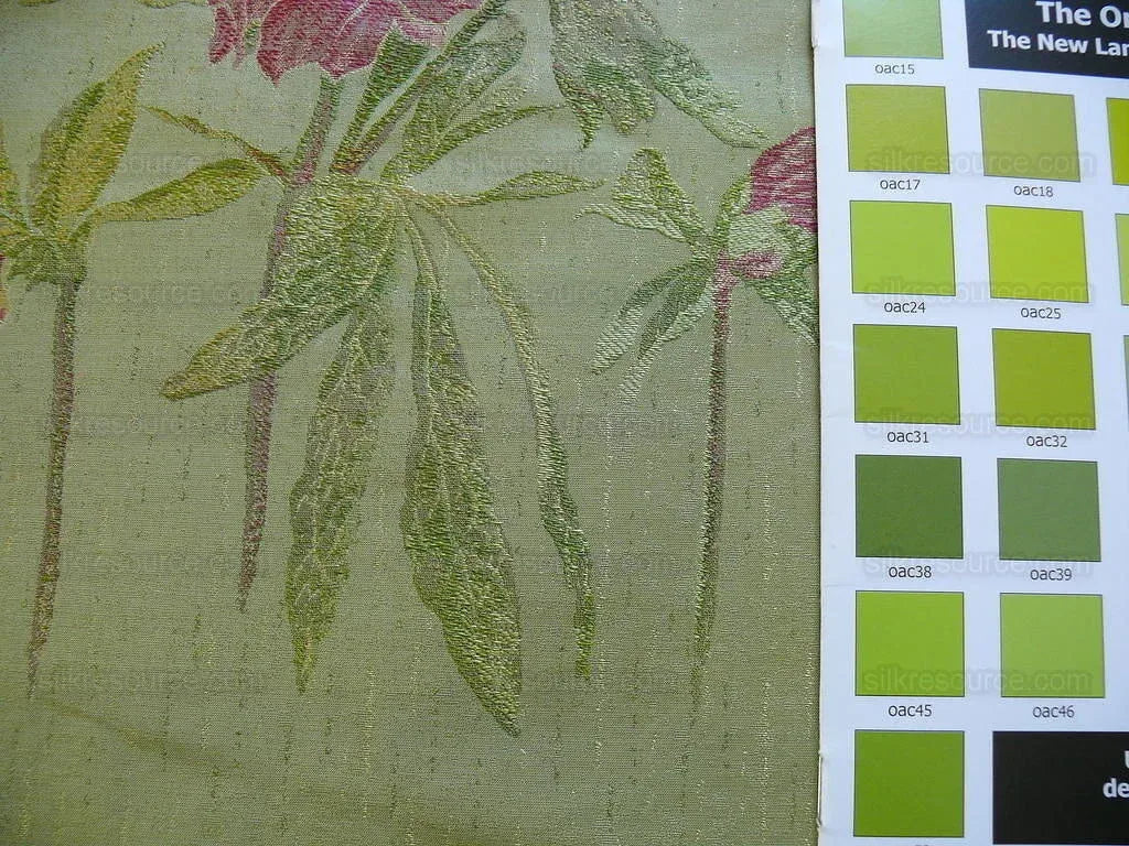 by yard Heavy Silk Lampas Peony Buds In Golden Drizzle Pink "chartreuse"
