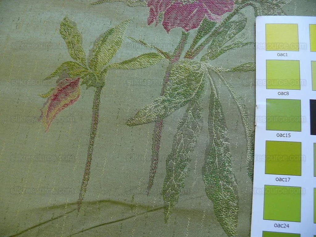 by yard Heavy Silk Lampas Peony Buds In Golden Drizzle Pink "chartreuse"