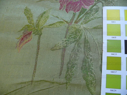 by yard Heavy Silk Lampas Peony Buds In Golden Drizzle Pink "chartreuse"