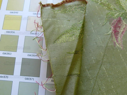 by yard Heavy Silk Lampas Peony Buds In Golden Drizzle Pink "chartreuse"