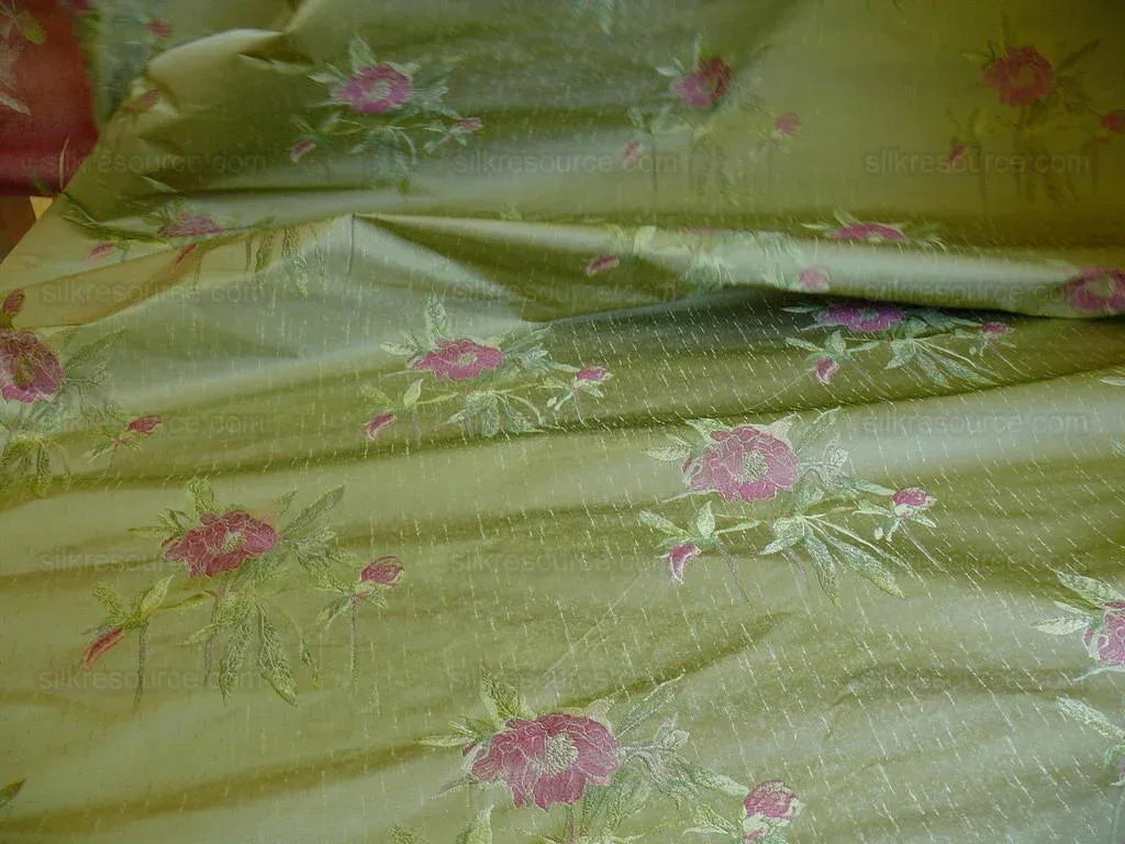by yard Heavy Silk Lampas Peony Buds In Golden Drizzle Pink "chartreuse"