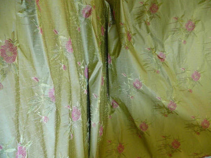 by yard Heavy Silk Lampas Peony Buds In Golden Drizzle Pink "chartreuse"