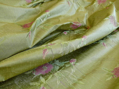 by yard Heavy Silk Lampas Peony Buds In Golden Drizzle Pink "chartreuse"