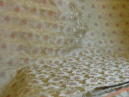 100% Silk Lampas Tri-leaf Flower "ladyslipper" Gold White Pink