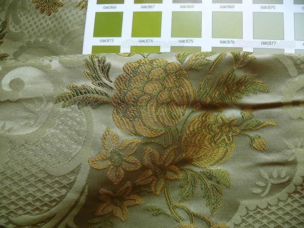 Hiend Pom Rose Lace 100% Silk Lampas Olive Green "moss" Gold
