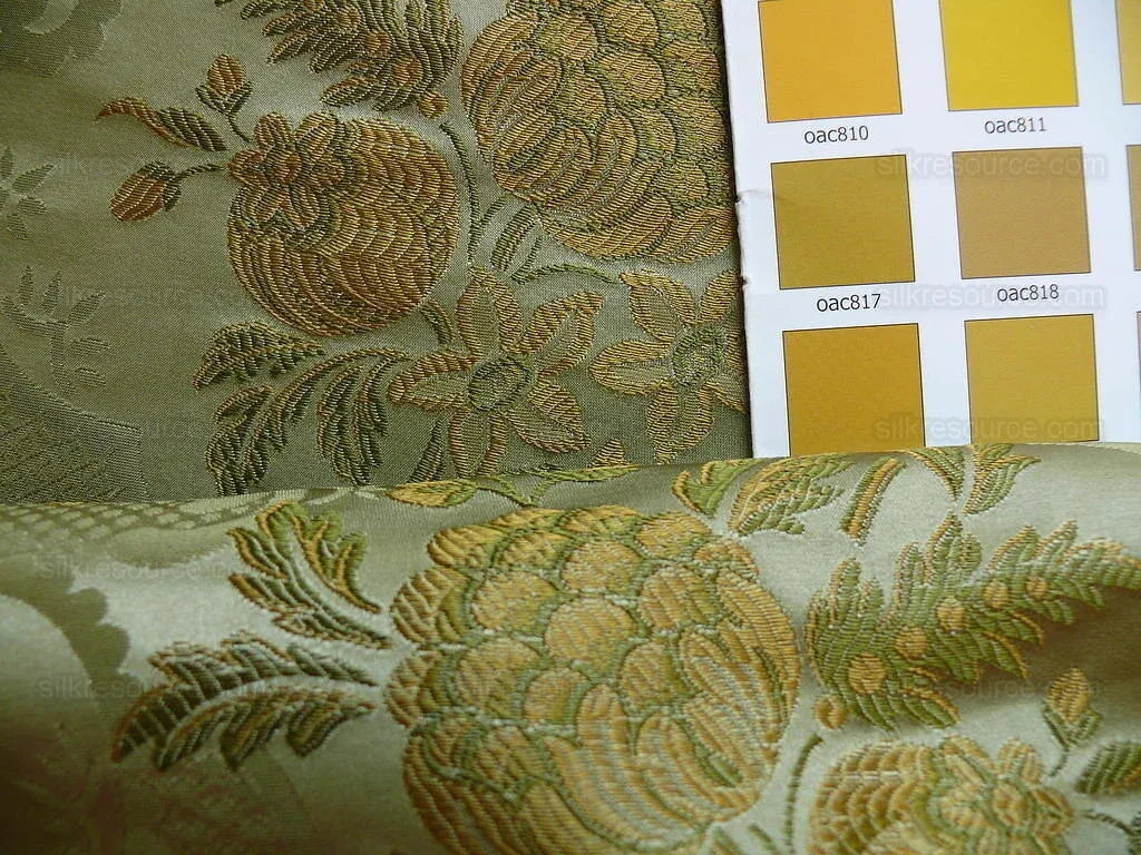 Hiend Pom Rose Lace 100% Silk Lampas Olive Green "moss" Gold