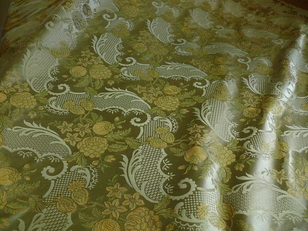 Hiend Pom Rose Lace 100% Silk Lampas Olive Green "moss" Gold