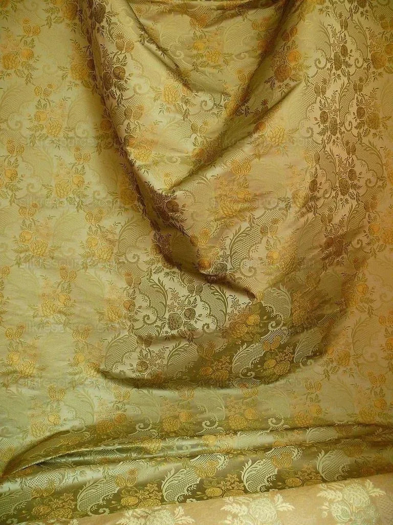 Hiend Pom Rose Lace 100% Silk Lampas Olive Green "moss" Gold