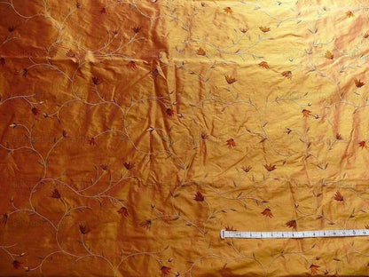 BY yard 100% Silk Embroidery Vine Bright Orange W Rose Shot