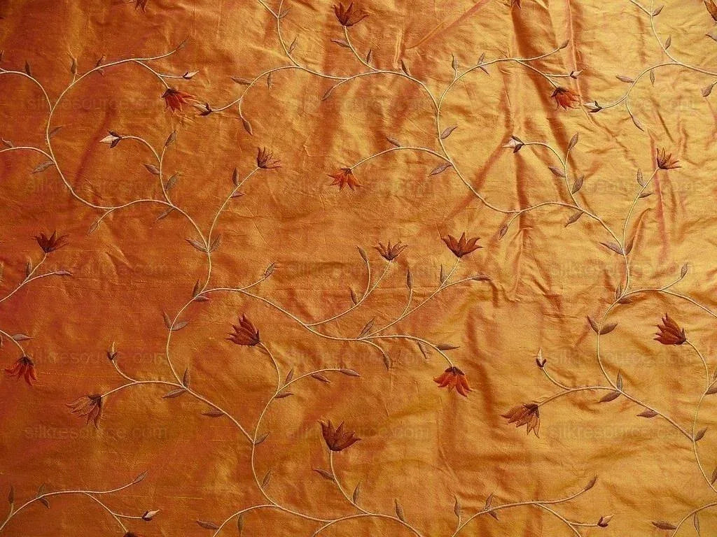 BY yard 100% Silk Embroidery Vine Bright Orange W Rose Shot