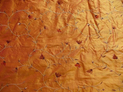 BY yard 100% Silk Embroidery Vine Bright Orange W Rose Shot