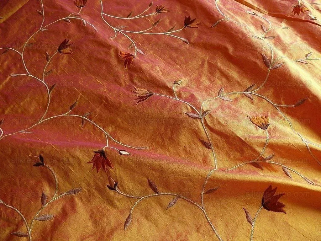 BY yard 100% Silk Embroidery Vine Bright Orange W Rose Shot