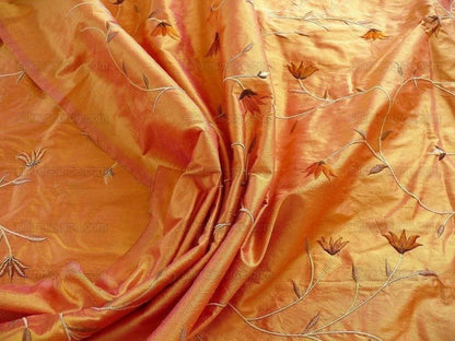 BY yard 100% Silk Embroidery Vine Bright Orange W Rose Shot