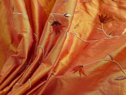 BY yard 100% Silk Embroidery Vine Bright Orange W Rose Shot