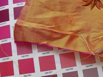 BY yard 100% Silk Embroidery Vine Bright Orange W Rose Shot