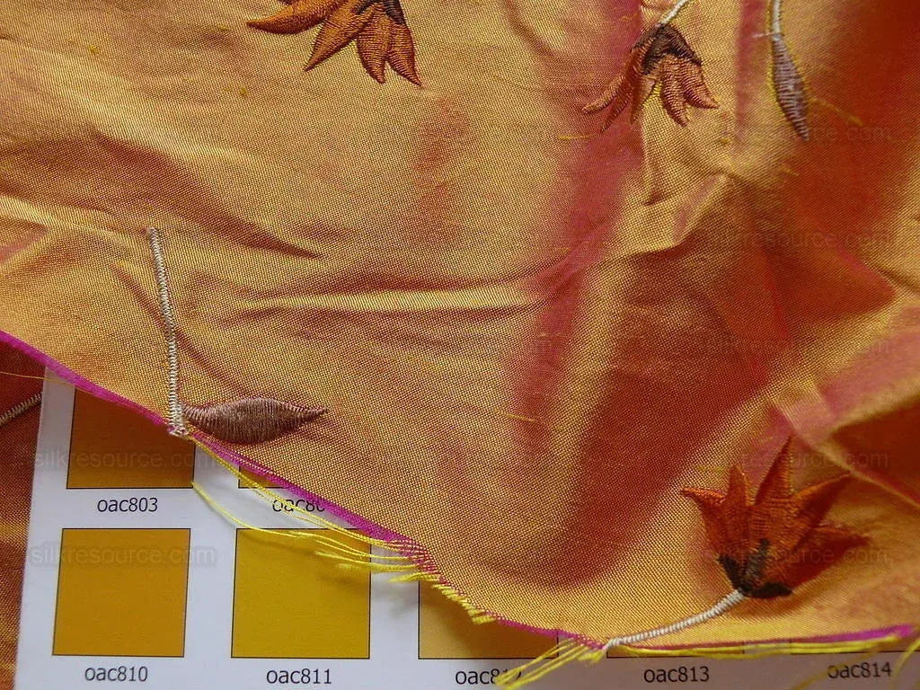 BY yard 100% Silk Embroidery Vine Bright Orange W Rose Shot