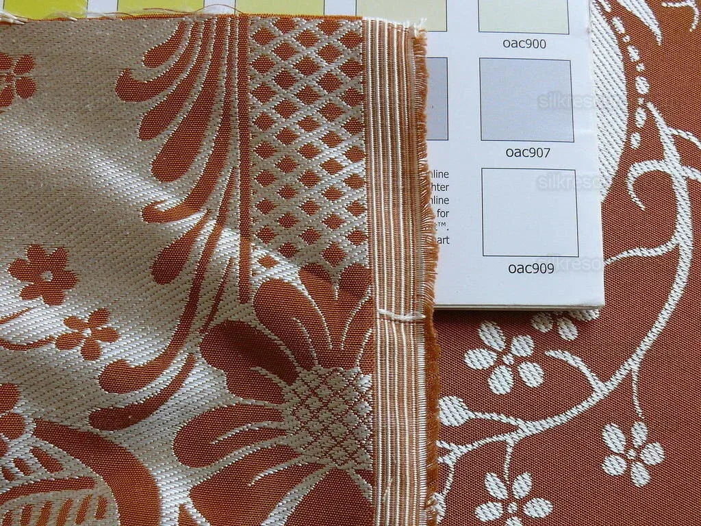 Scalamandre "chippendale" Silk Lampas Jacquard Artichoke Pomegranate Teak Rust Orange Cream Silver White