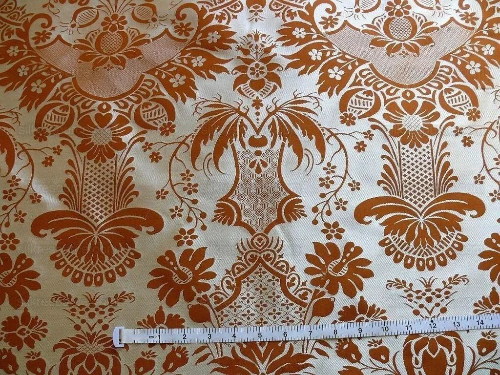 Scalamandre "chippendale" Silk Lampas Jacquard Artichoke Pomegranate Teak Rust Orange Cream Silver White
