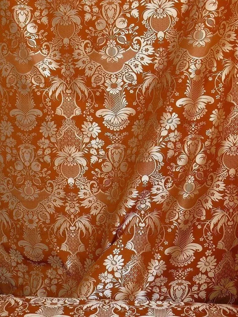 Scalamandre "chippendale" Silk Lampas Jacquard Artichoke Pomegranate Teak Rust Orange Cream Silver White