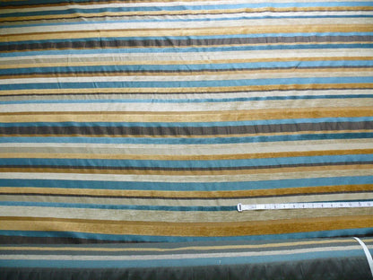 Designer Turquoise Blue Gold Black Chenille Horizontal Stripe #404a