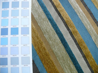 Designer Turquoise Blue Gold Black Chenille Horizontal Stripe #404a