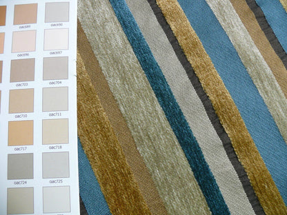 Designer Turquoise Blue Gold Black Chenille Horizontal Stripe #404a