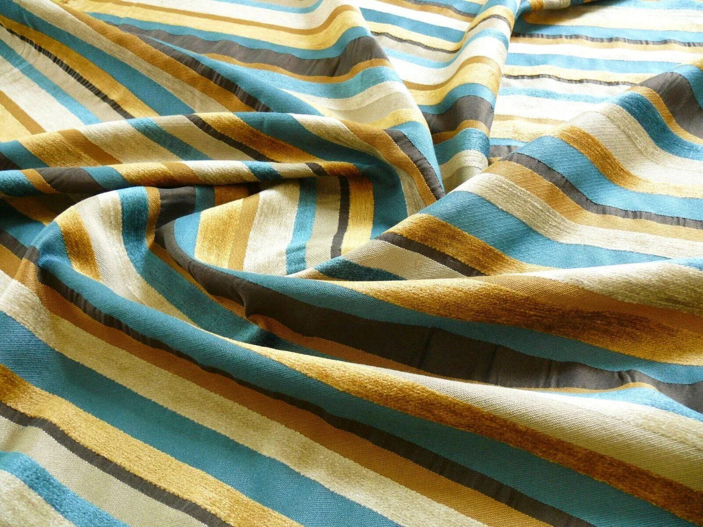 Designer Turquoise Blue Gold Black Chenille Horizontal Stripe #404a