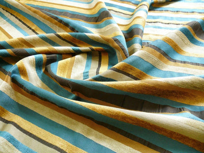Designer Turquoise Blue Gold Black Chenille Horizontal Stripe #404a
