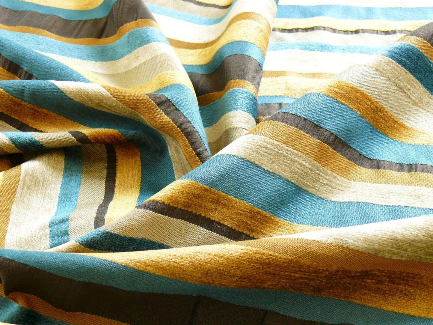 Designer Turquoise Blue Gold Black Chenille Horizontal Stripe #404a