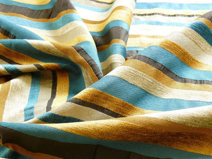 Designer Turquoise Blue Gold Black Chenille Horizontal Stripe #404a