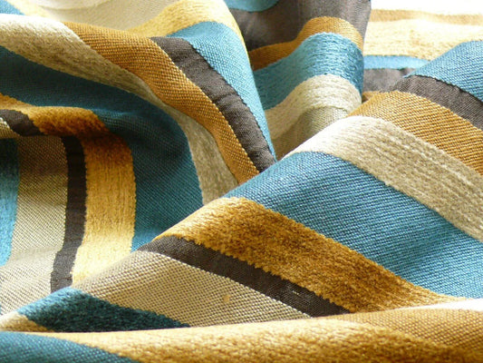 Designer Turquoise Blue Gold Black Chenille Horizontal Stripe #404a