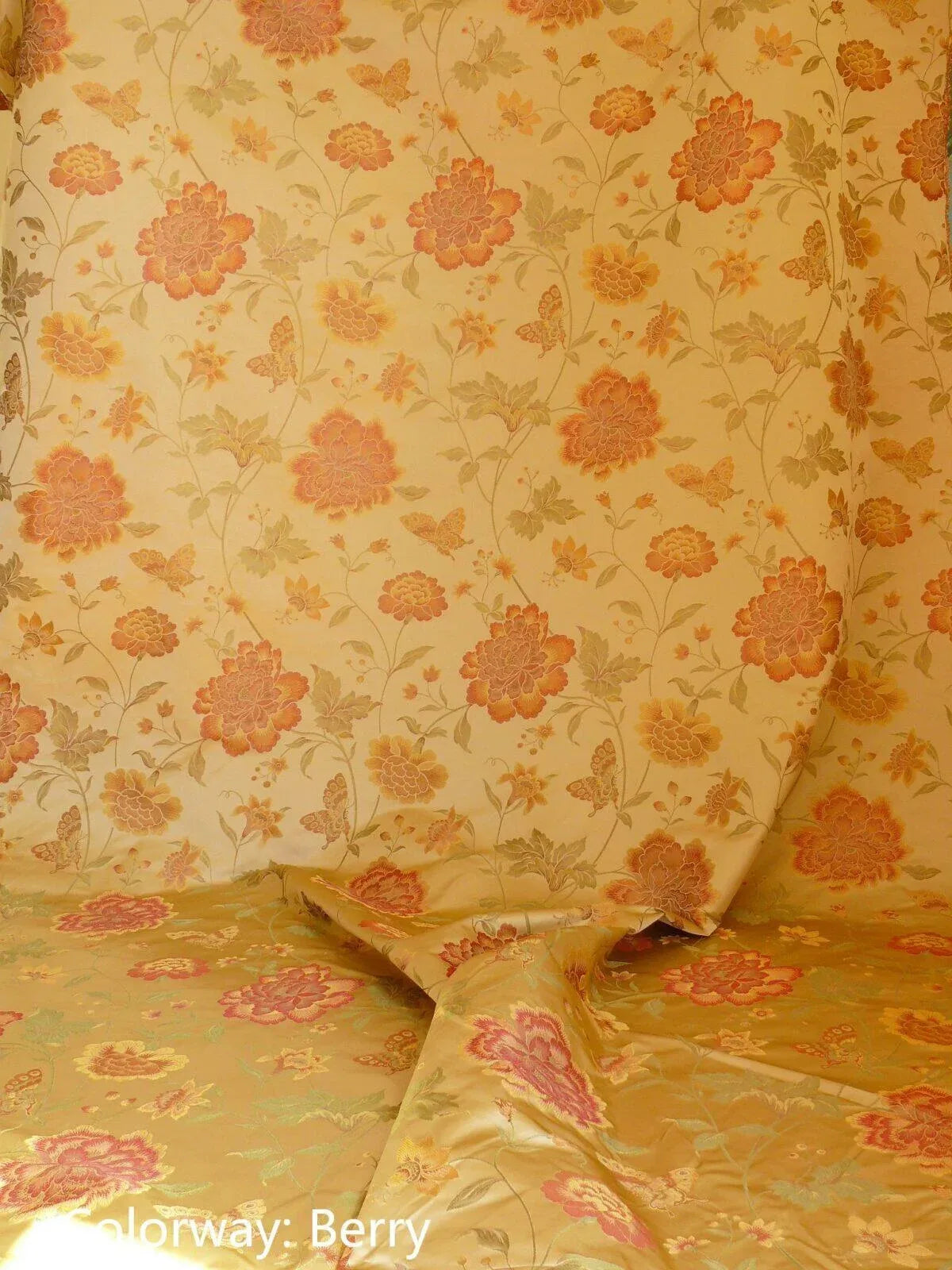 By yard Stunner Chino-asian Pink Peony Butterfly “chocolate" Brown Purple Gold 100% Silk Lampas