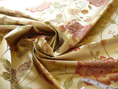 By yard Stunner Chino-asian Pink Peony Butterfly “glacier Blue” 100% Silk Lampas