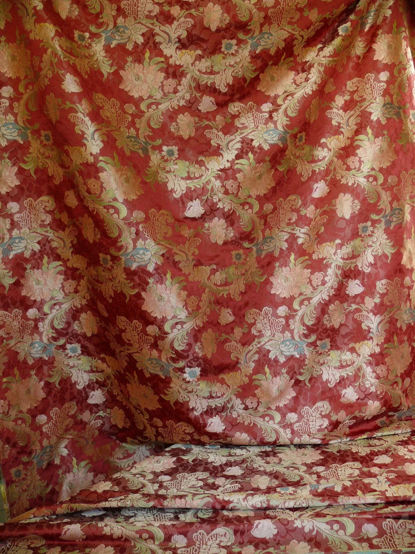 Scalamandre "louis XV" 100% Silk Lampas Multi On Deep Red Chinoserie Peony Cloud