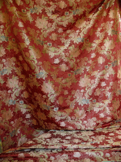Scalamandre "louis XV" 100% Silk Lampas Multi On Deep Red Chinoserie Peony Cloud