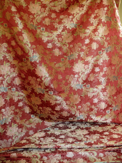 Scalamandre "louis XV" 100% Silk Lampas Multi On Deep Red Chinoserie Peony Cloud