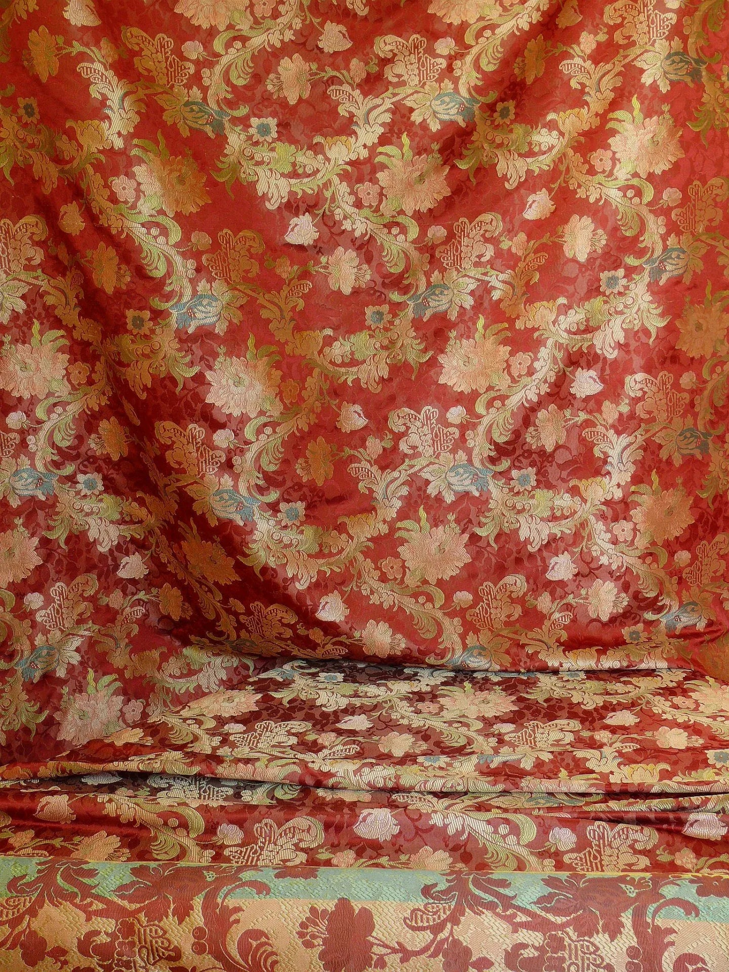 Scalamandre "louis XV" 100% Silk Lampas Multi On Deep Red Chinoserie Peony Cloud