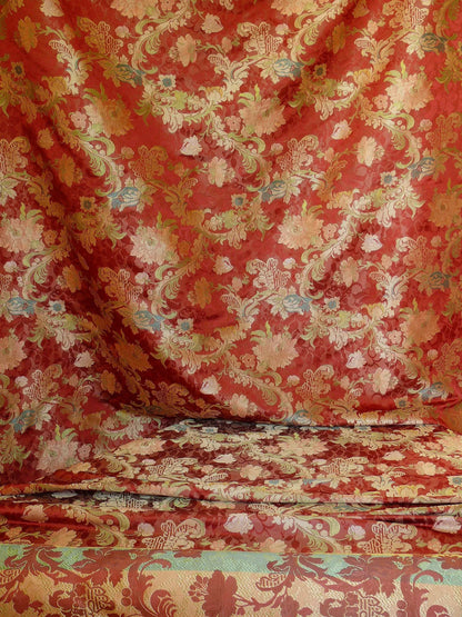 Scalamandre "louis XV" 100% Silk Lampas Multi On Deep Red Chinoserie Peony Cloud