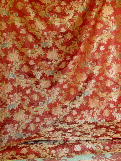 Scalamandre "louis XV" 100% Silk Lampas Multi On Deep Red Chinoserie Peony Cloud