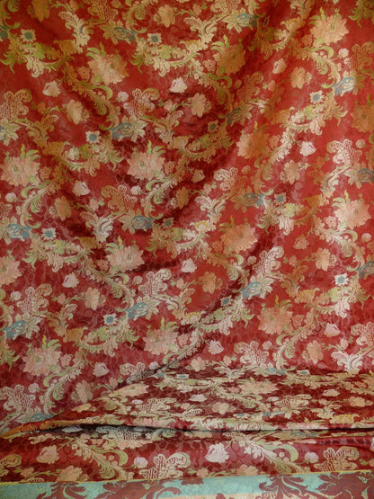 Scalamandre "louis XV" 100% Silk Lampas Multi On Deep Red Chinoserie Peony Cloud