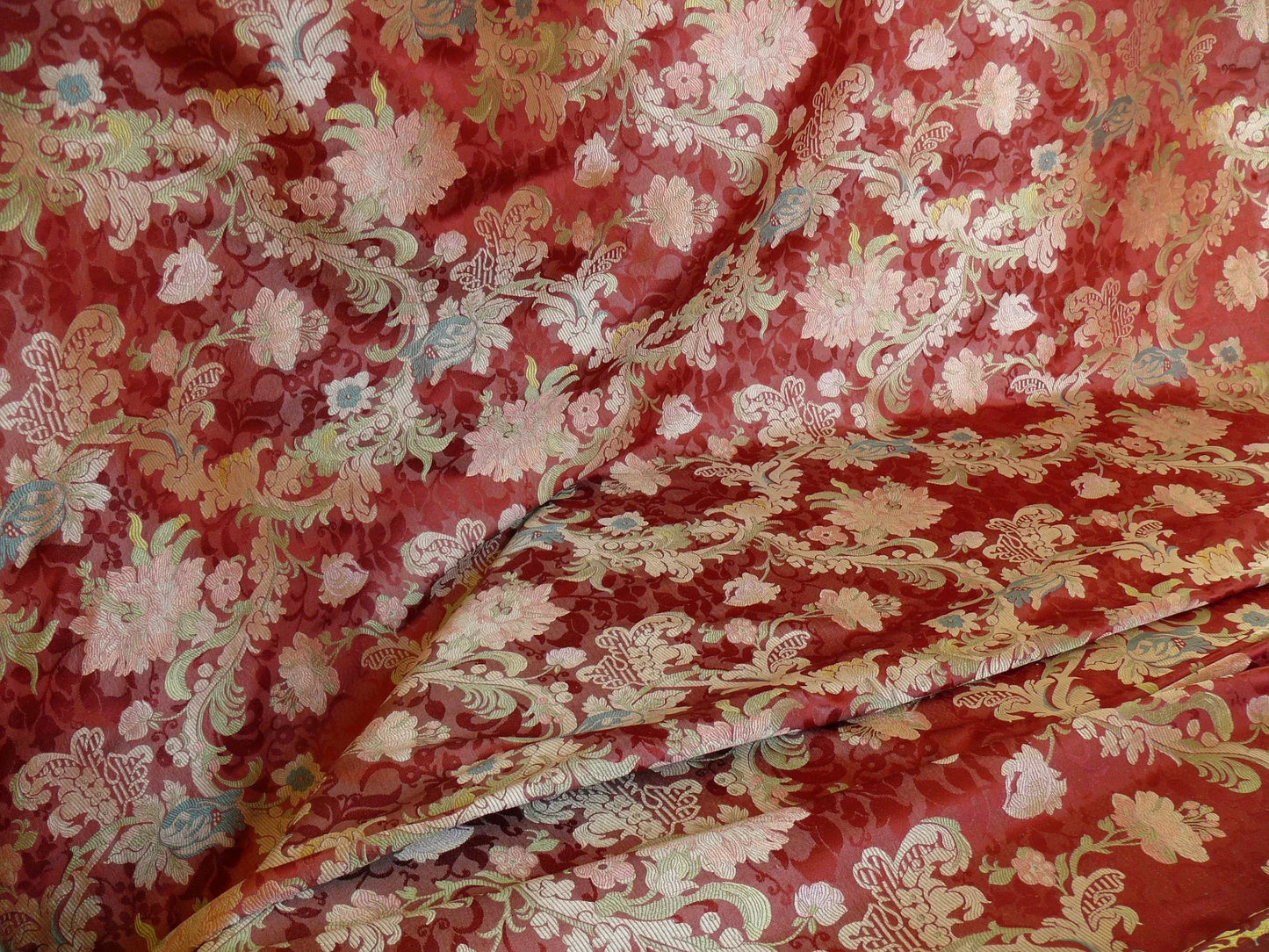 Scalamandre "louis XV" 100% Silk Lampas Multi On Deep Red Chinoserie Peony Cloud