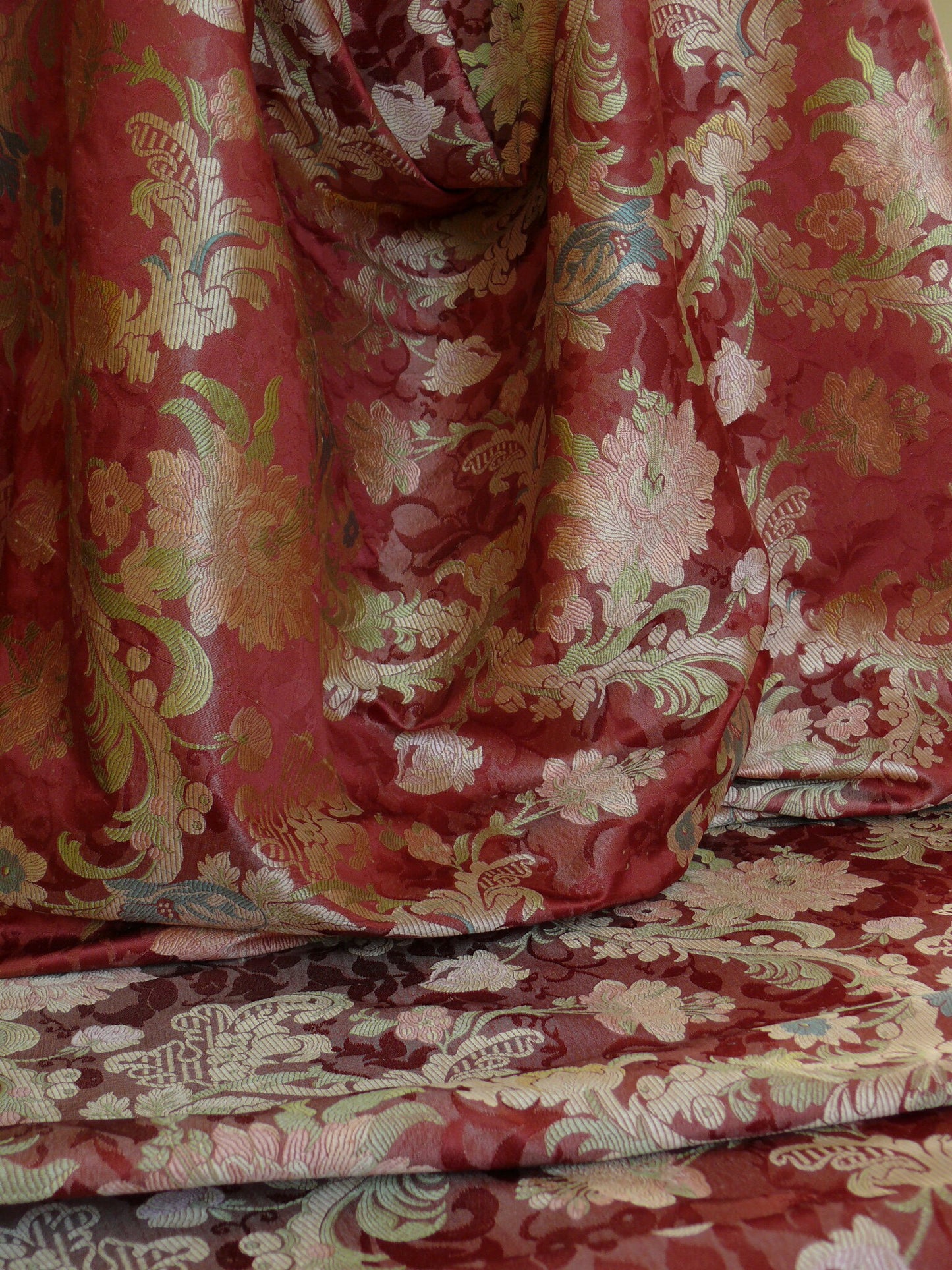 Scalamandre "louis XV" 100% Silk Lampas Multi On Deep Red Chinoserie Peony Cloud