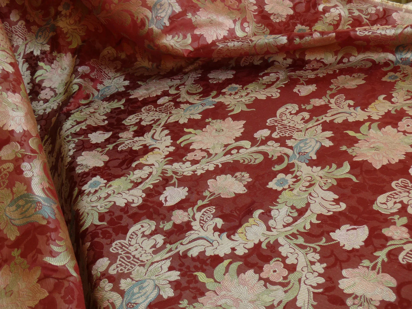 Scalamandre "louis XV" 100% Silk Lampas Multi On Deep Red Chinoserie Peony Cloud