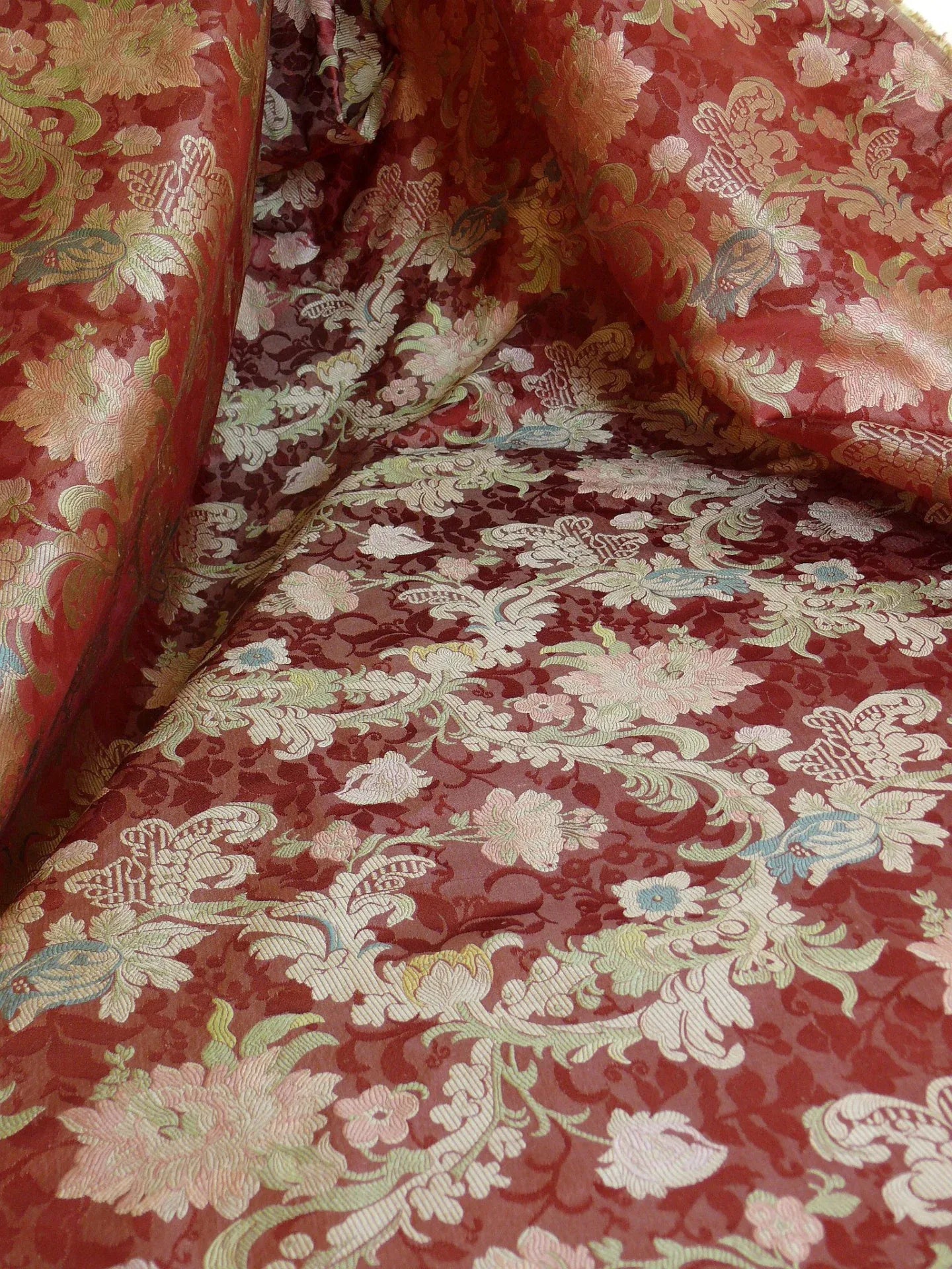 Scalamandre "louis XV" 100% Silk Lampas Multi On Deep Red Chinoserie Peony Cloud