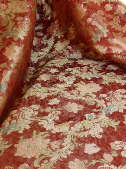 Scalamandre "louis XV" 100% Silk Lampas Multi On Deep Red Chinoserie Peony Cloud