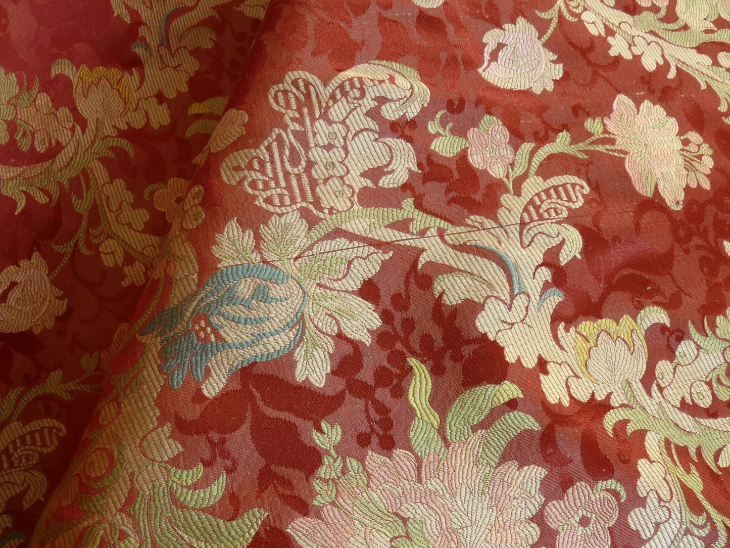 Scalamandre "louis XV" 100% Silk Lampas Multi On Deep Red Chinoserie Peony Cloud