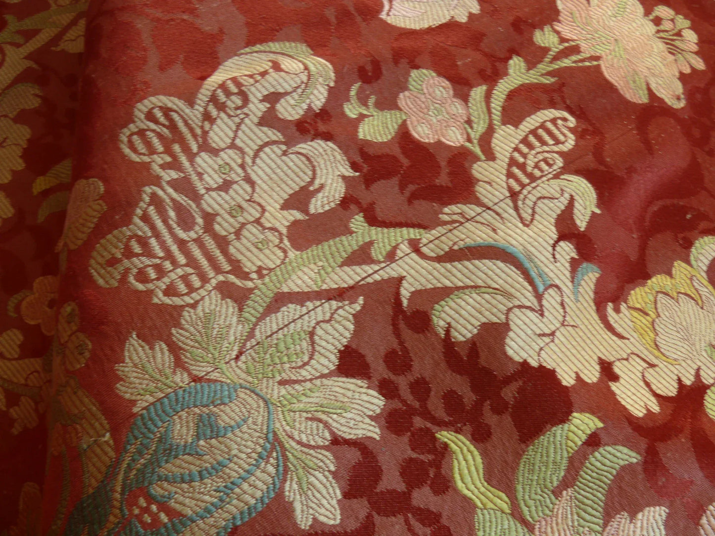 Scalamandre "louis XV" 100% Silk Lampas Multi On Deep Red Chinoserie Peony Cloud