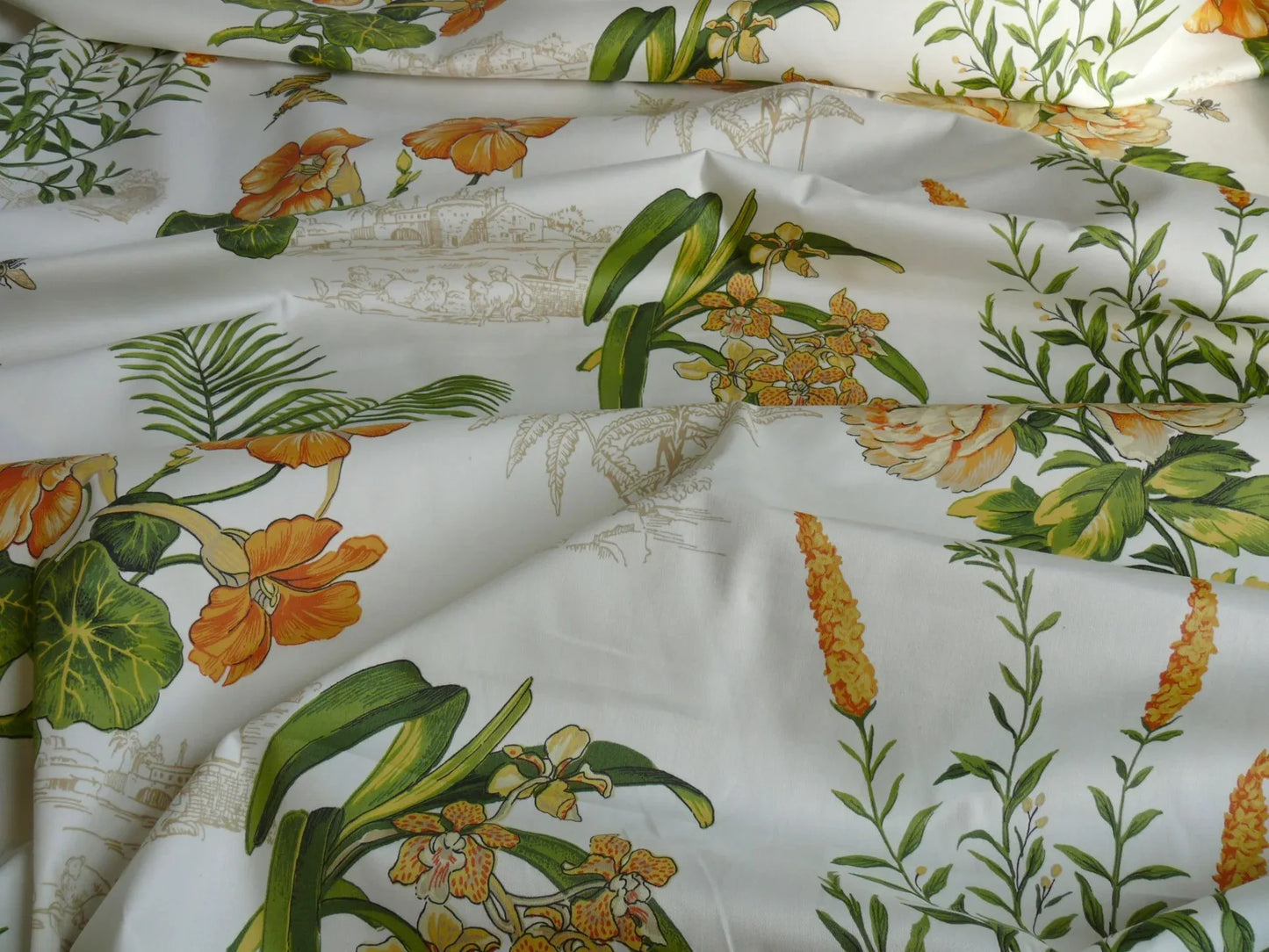 Thibaut Naples Mediterranean Nasturtium Rose Palm Tree Flowers Butterfly Dragonfly Bees Print Toile Cotton SATIN Orange