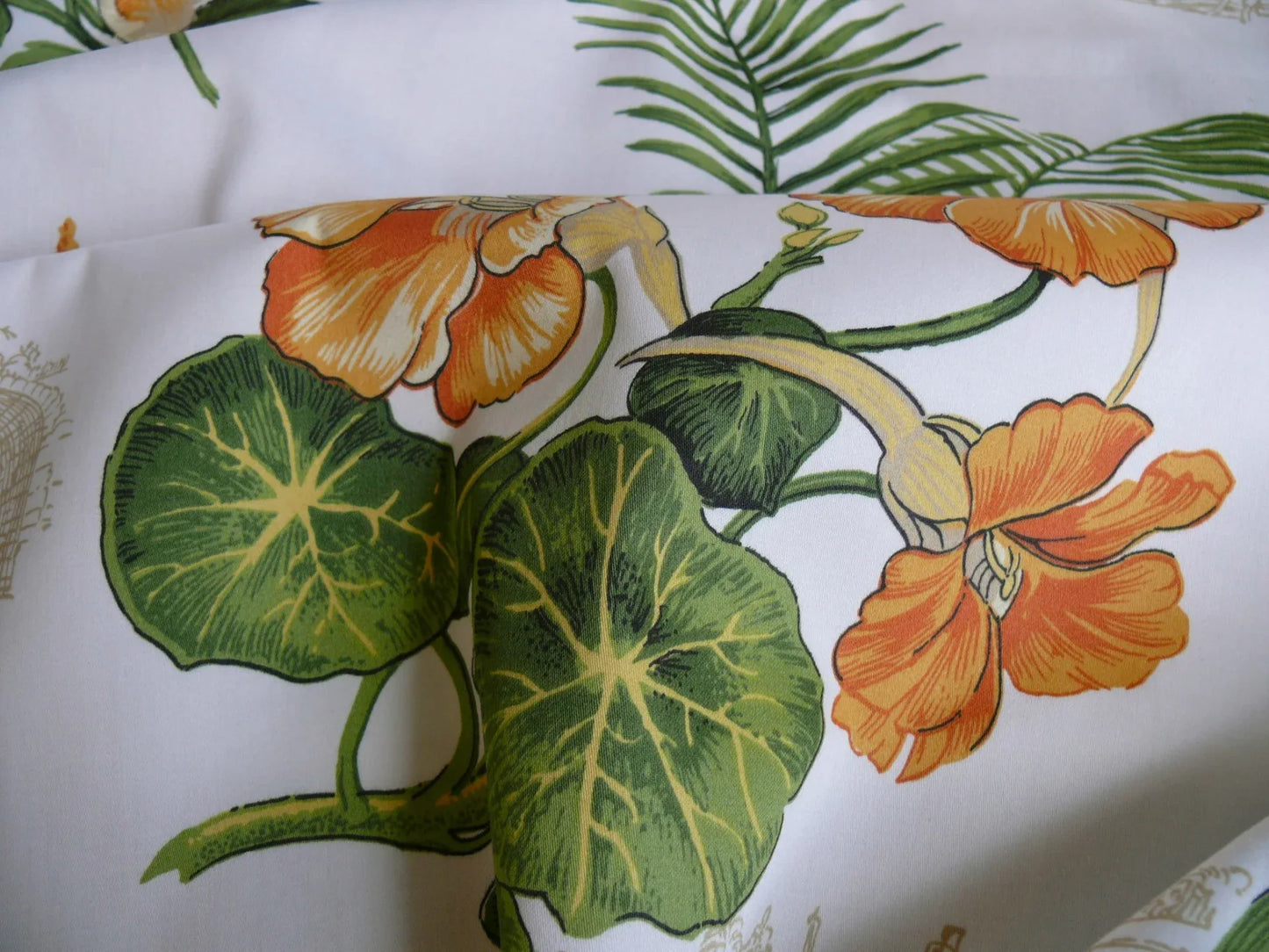 Thibaut Naples Mediterranean Nasturtium Rose Palm Tree Flowers Butterfly Dragonfly Bees Print Toile Cotton SATIN Orange